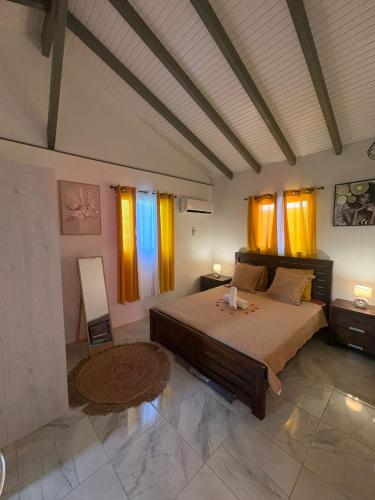 a bedroom with a large bed and some windows at Eden hibiscus in Petit-Canal