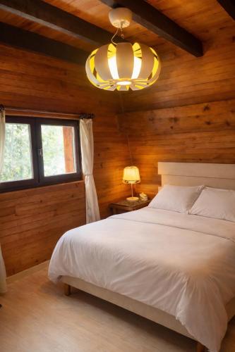 a bedroom with a white bed and a chandelier at The chalet of time in Eyne