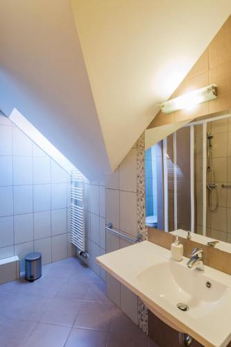 a bathroom with a sink and a mirror at Szlovén Mintagazdaság in Felsőszölnök