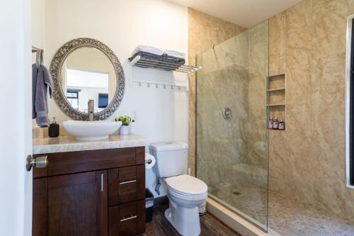 a bathroom with a shower and a toilet and a sink at Flor de Garambullo, Valle de Guadalupe in Valle de Guadalupe