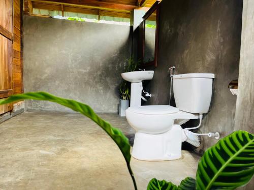 a bathroom with a toilet and a sink at Habarana Tree House - Ivory cottage in Habarana