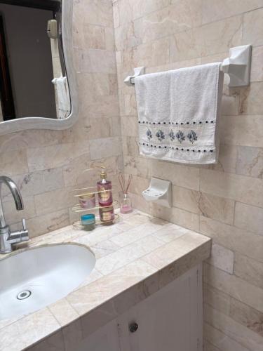 a bathroom with a sink and a mirror and a towel at Casa Buenavista in Mérida