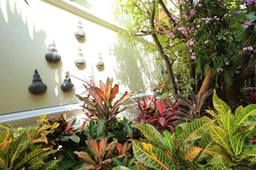 a garden with plants and bells on a wall at Viangluang Resort in Chiang Mai