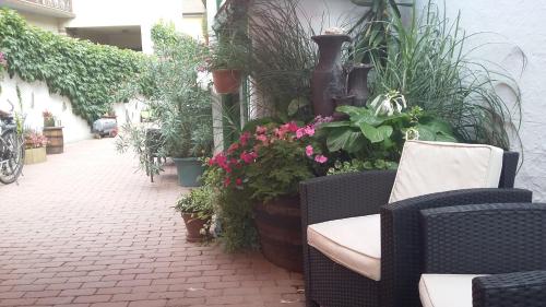 a patio with some chairs and flowers and plants at Laubgassl in Mörbisch am See