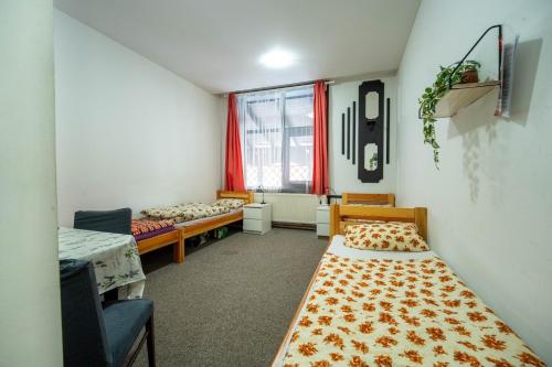 a small room with two beds and a window at Penzion u Karla in Jamolice
