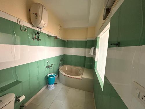 a bathroom with a sink and a bath tub at Hotel Rongla in Pālampur