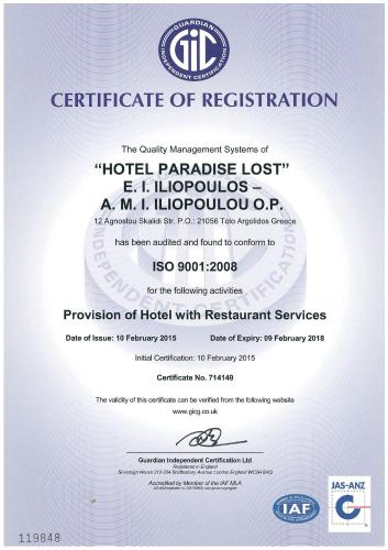 Paradise Lost Hotel-Apartmentsに飾ってある許可証、賞状、看板またはその他の書類