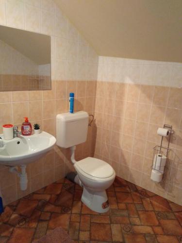 a bathroom with a toilet and a sink at Holiday Apartman in Bük