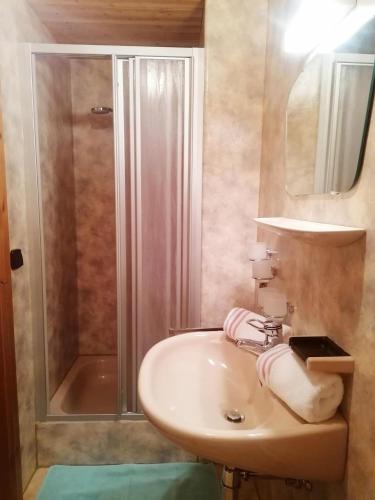 a bathroom with a sink and a shower at Ferienwohnung Entstrasser in Virgen