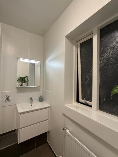 a white bathroom with a sink and a window at Skólavörðustígur Apartments in Reykjavík
