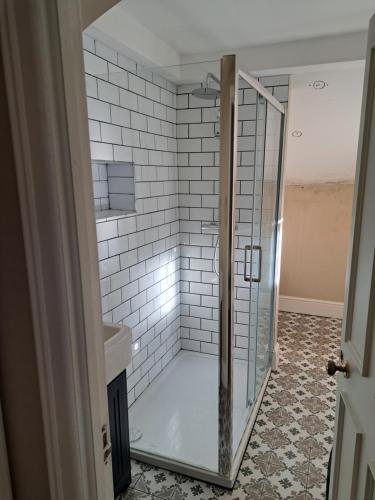a shower with a glass door in a bathroom at Two bed Seaside retreat in Dublin