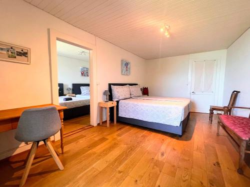 a bedroom with a bed and a table and a chair at La Vigneronne, Chailly-Montreux in Montreux