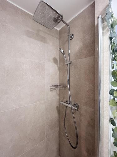 a shower with a shower head in a bathroom at Studio chic proche aéroport et centre-ville in Charleroi