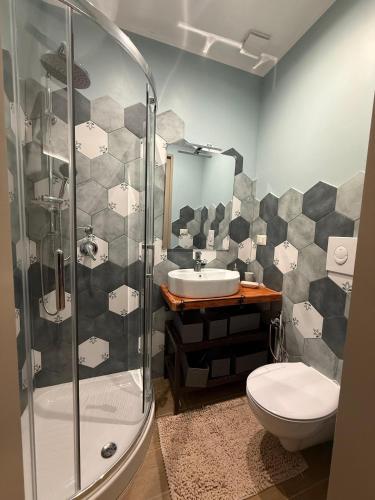 a bathroom with a shower and a toilet and a sink at Arthouse in Molfetta