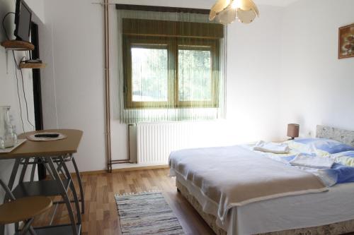 a bedroom with a bed and a table and a window at House Drakulić in Korenica
