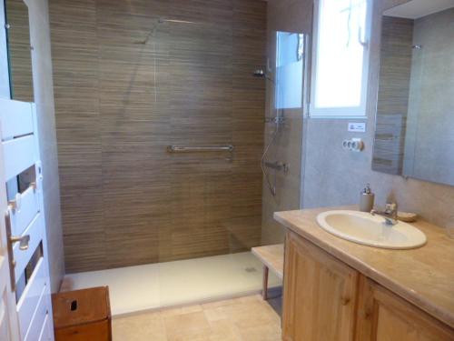 a bathroom with a shower and a sink at Les Amandines in Chisseaux