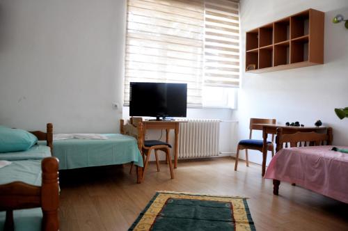 a living room with a bed and a television at Rooms Karadjordje in Belgrade