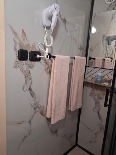 a bathroom with two towels hanging on a door at Studio The Cozy Corner in Timişoara