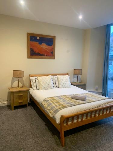 a bedroom with a bed and two lamps and a painting at 36 flat 1 - Room 1 in Swansea