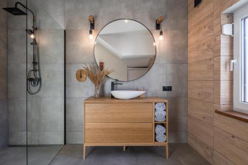a bathroom with a sink and a mirror at Agroturystyka Milówka in Jagodzin