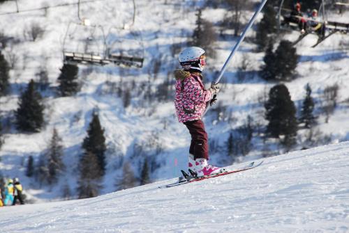エムにあるVillage Vacances La Lauzièreの雪に覆われた坂道を滑り降りている少女