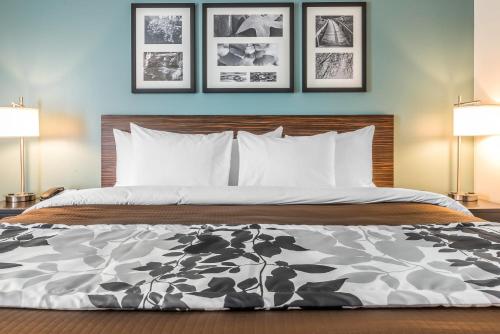 a bed with a black and white comforter and two lamps at Sleep Inn & Suites Cumberland in Cumberland