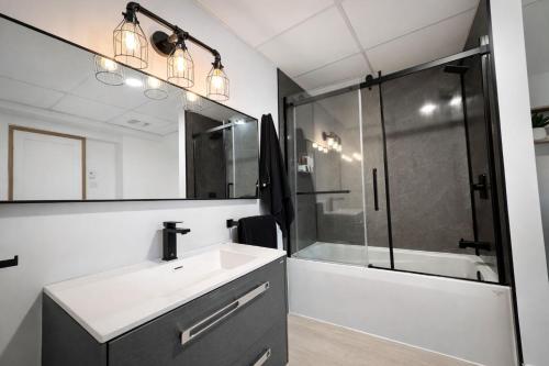 a bathroom with a sink and a shower at Le petit d'Antan Parking 10 min from the center in Quebec City