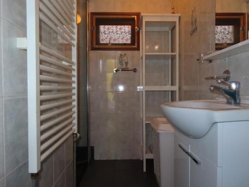 a bathroom with a sink and a shower at Veluwe Park Reewold Chalet Eclipse in Putten