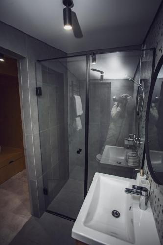 a person taking a picture of a bathroom sink at La Villa Chalet and Spa in Polyana