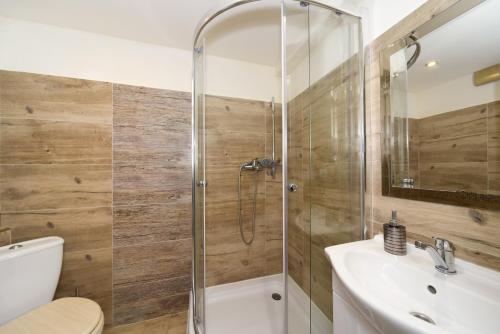 a bathroom with a shower and a toilet and a sink at Drevenica Matilda in Pribylina