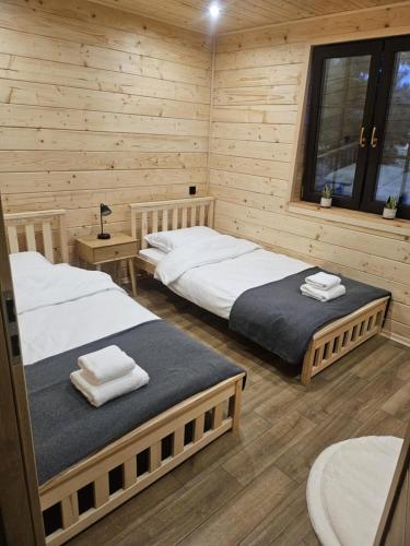 two beds in a room with wooden walls at Poleska Przystań in Urszulin