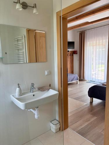 a bathroom with a sink and a mirror at Między lasem a wsią-kameralne domki dla dorosłych-jacuzzi i śniadanie w cenie in Grzybowo
