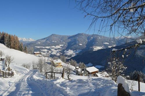 a snow covered mountain with houses and a road at Ferienhaus Kammerer in Haidberg