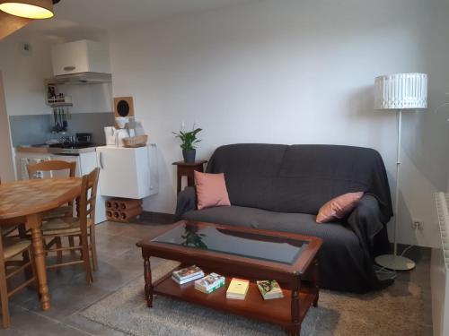 a living room with a couch and a table at Gîte Volcans - 1-4 pers, au calme à 20 mins de Vulcania, Puy-de-Dôme et Lemptegy, 35 mins du Mont Dore et du Sancy in Gelles