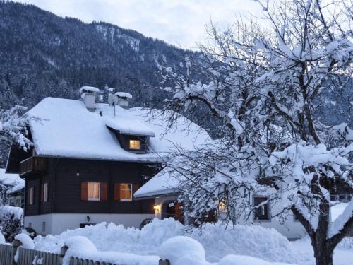 a house covered in snow with a tree in front at Ferienhaus Almenblick in Fellbach