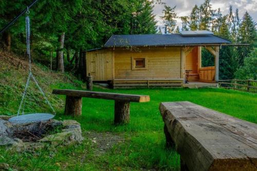 a log cabin with a bench and a swing at Annenhütte in Reichenfels