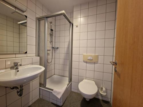 a bathroom with a sink and a shower and a toilet at Gästehaus Dominikus in Leipzig