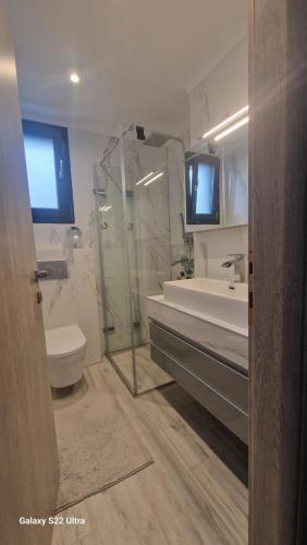 a bathroom with a shower toilet and a sink at Villa Sofia in Kalives Poligirou