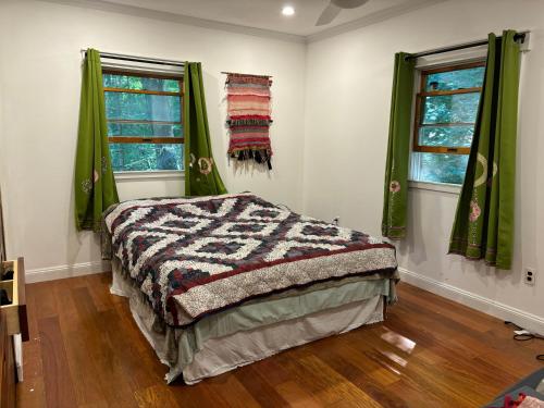 a bedroom with a bed and two windows at Roscoe Pine House in Roscoe