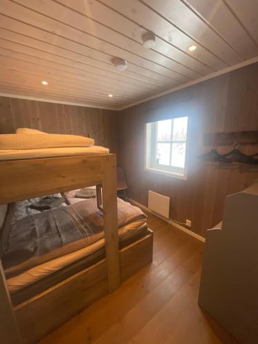 a room with two bunk beds and a window at Sanderstølen Hytte in Tisleidalen