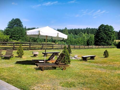 a picnic table with an umbrella and benches in a field at Apartment by Interhome in Łukta