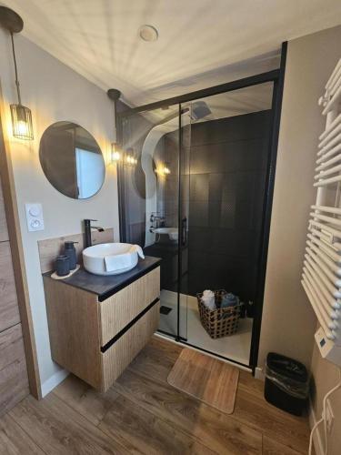 a bathroom with a sink and a shower at L'arbre de soie - l'acacia in Vouillé
