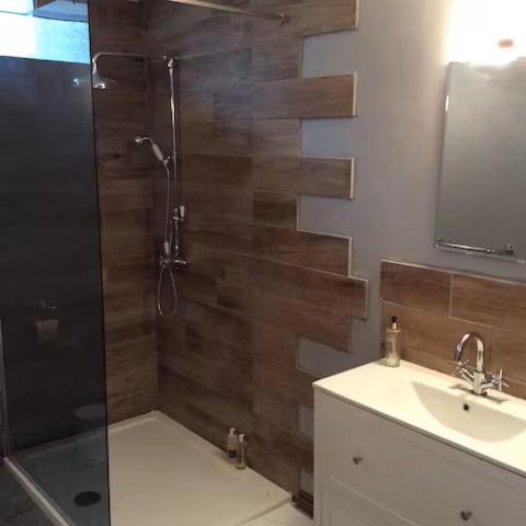 a bathroom with a shower and a sink at Artie's Lodge in Windermere