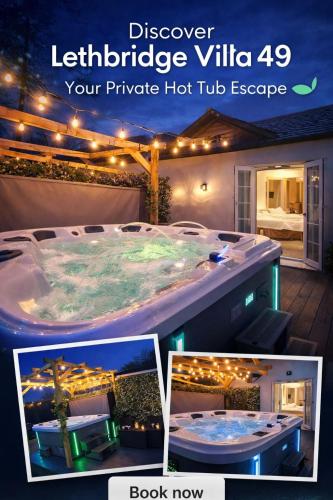 a collage of pictures of a hot tub in a backyard at Lethbridge Villa 49 3-bedroom Apartment with private HOT TUB,Fibre WiFi, free parking, sleeps 6 in Southport