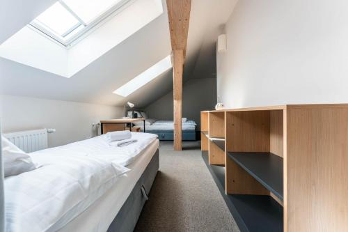 a bedroom with a large bed and a skylight at Formanka Hanušovice in Hanušovice