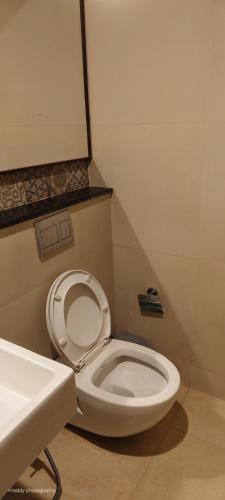 a bathroom with a white toilet and a sink at Le Aham Boutique Hotel in Kuilapayam