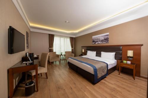 a hotel room with a bed and a desk and a television at Grand Makel Hotel Topkapi in Istanbul