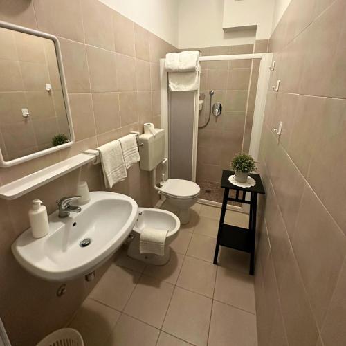 a bathroom with a sink and a toilet and a mirror at Hotel Furga B&B in Cervia