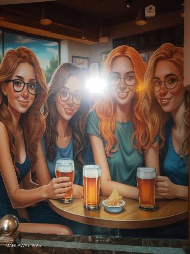 a mural of four girls sitting at a table with beer at Hotel Heaven Blu in Hodal