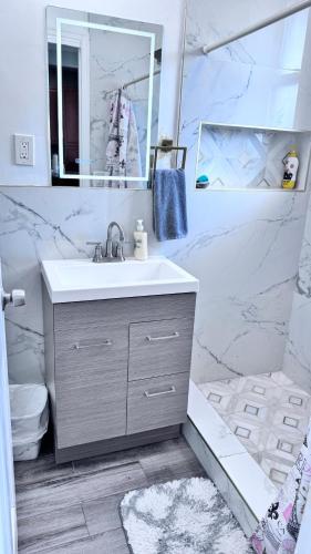 a bathroom with a sink and a mirror at Group Getaway of West New York in West New York